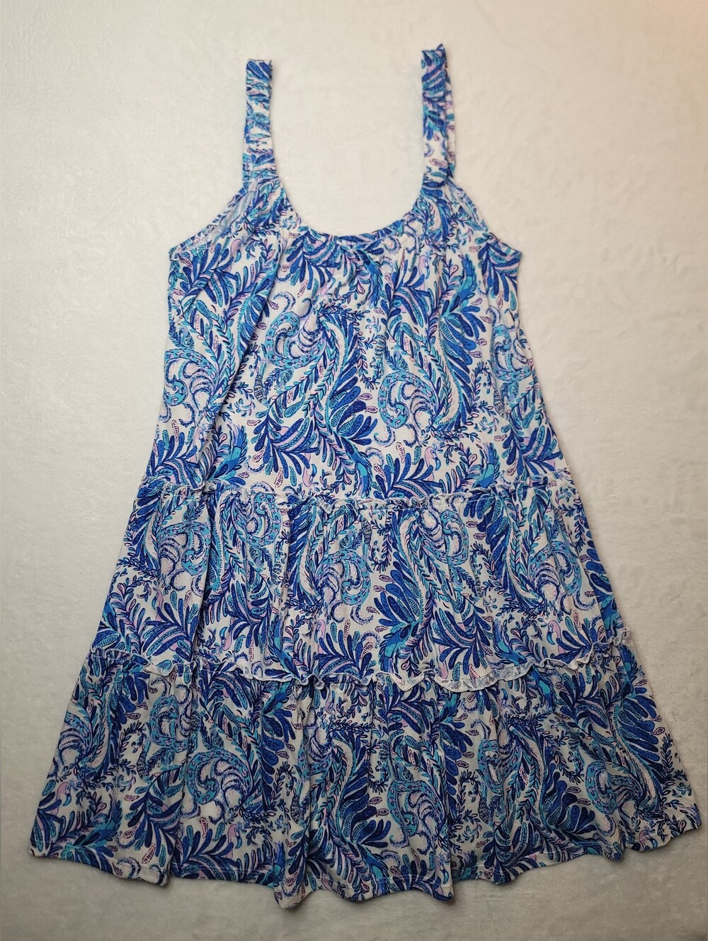 Lilly Pulitzer Loro Swing Dress Sz Small Baha Blue Bird Is The Word Tank Ruffles